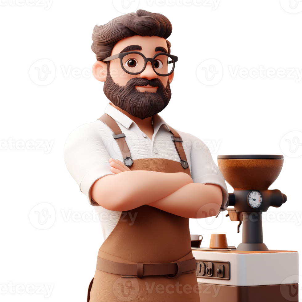 A cartoon barista stands proudly beside his coffee machine png