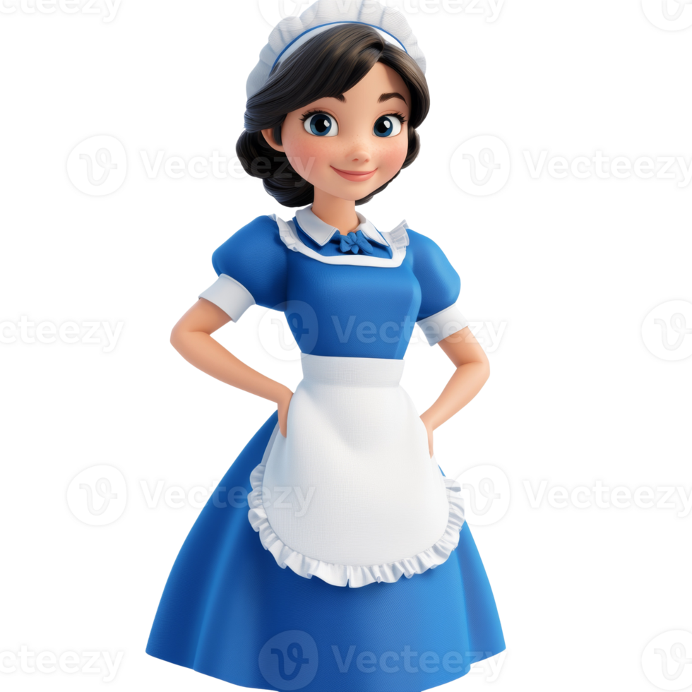 A cheerful cartoon maid in a blue dress and white apron png