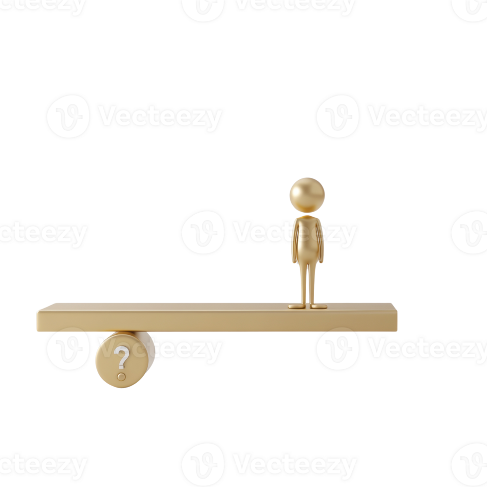 Golden Figure Stands on Seesaw Balanced by Question Mark png