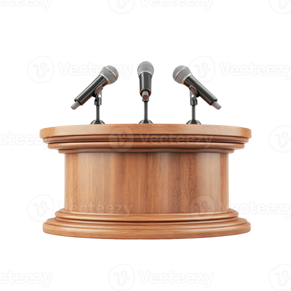 Wooden Podium With Three Microphones Ready For Speakers png