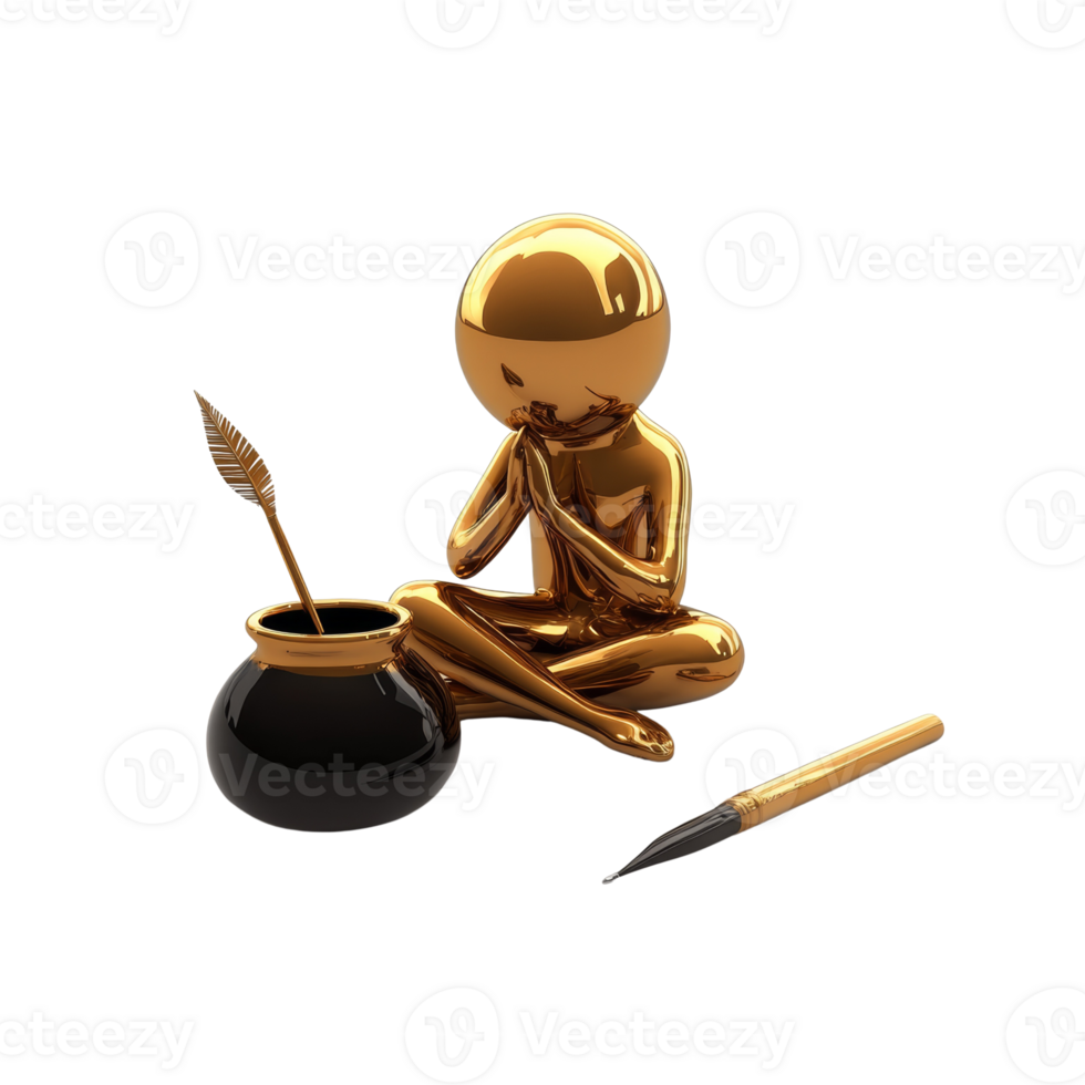 Golden Figure Contemplating Writing With Quill And Inkwell png