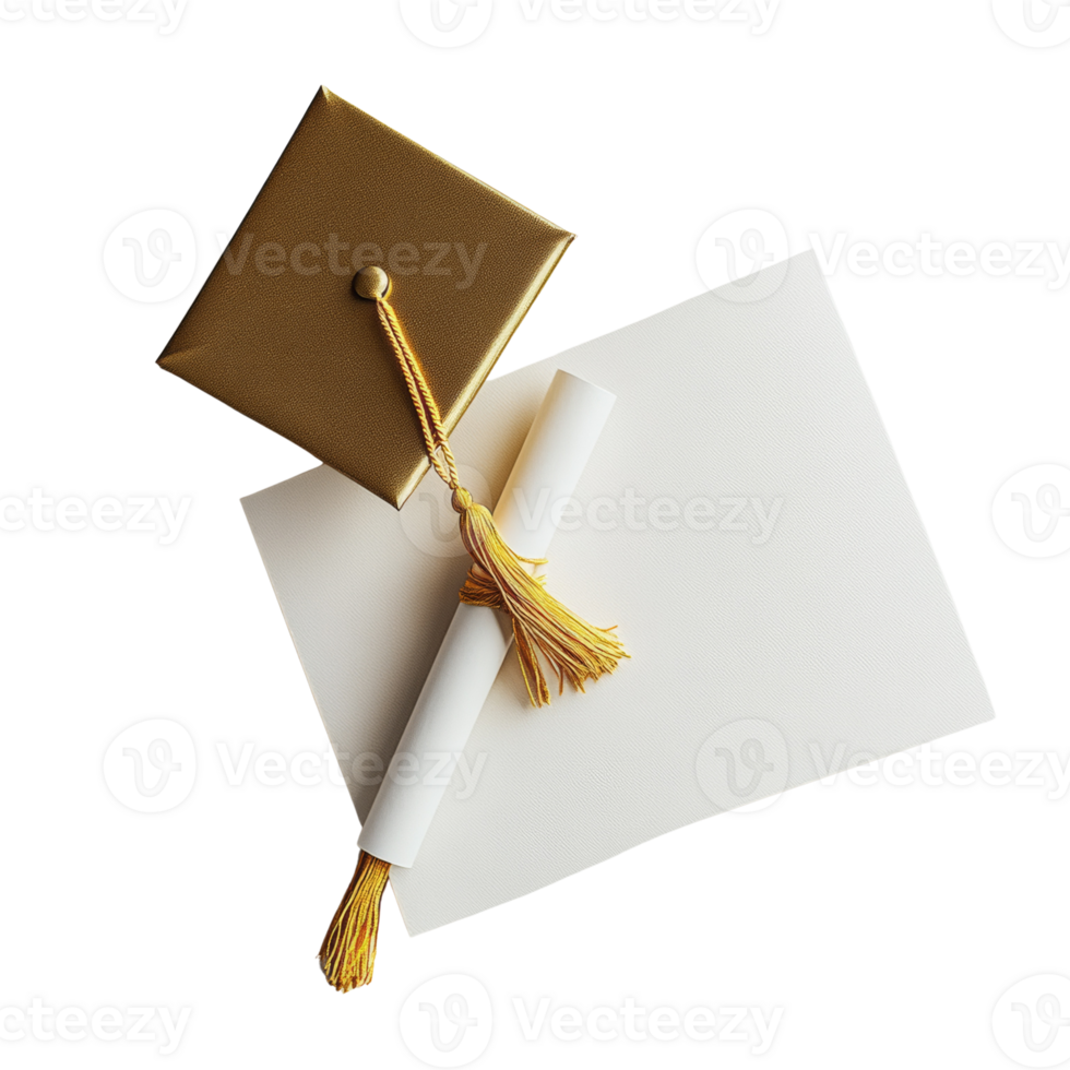 Gold Graduation Cap and Diploma on White Background png