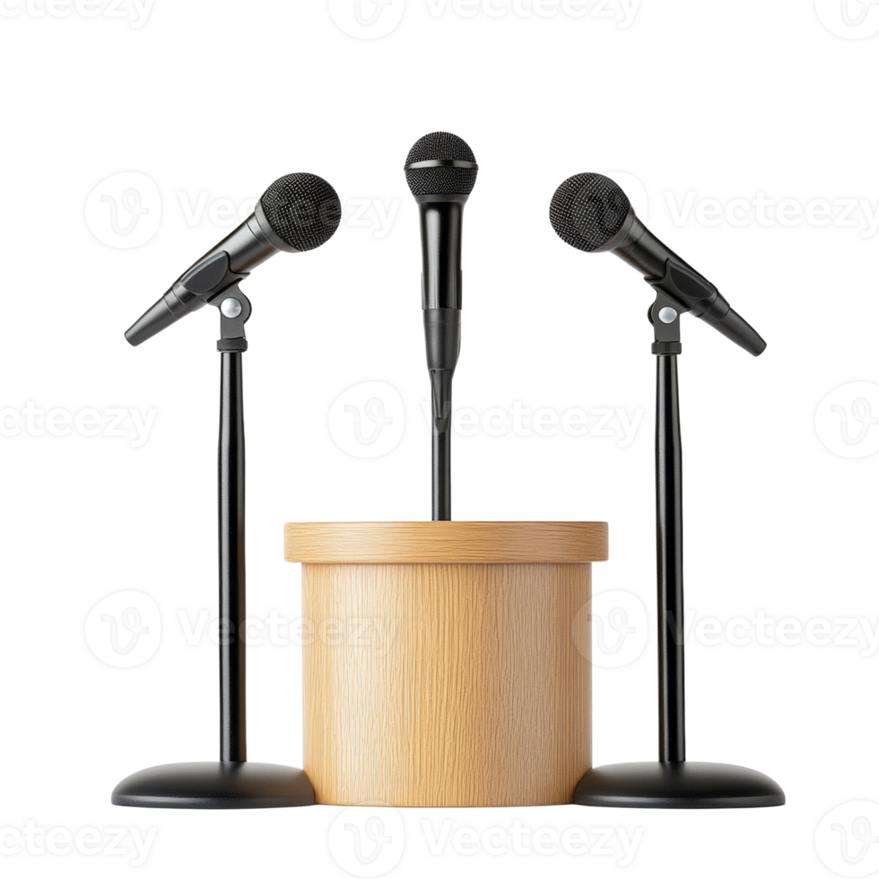 Three Microphones on Stands Around Wooden Podium png