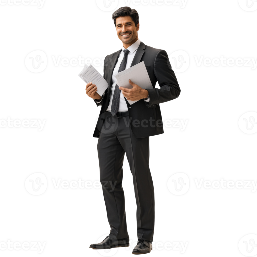 Happy Businessman Holding Documents Smiling Confidently. isolated png