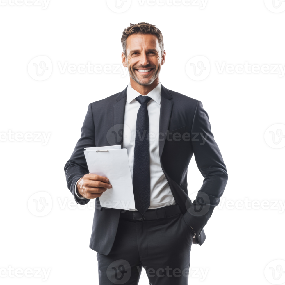Smiling businessman holding documents wearing a suit png