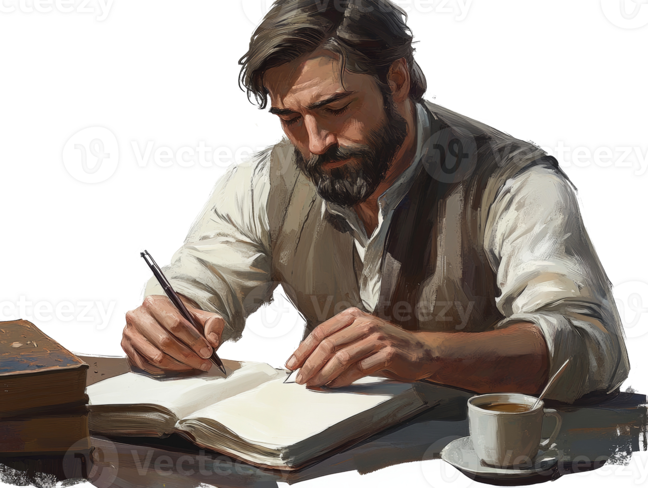 Bearded Man Writing in Notebook With Coffee Nearby png
