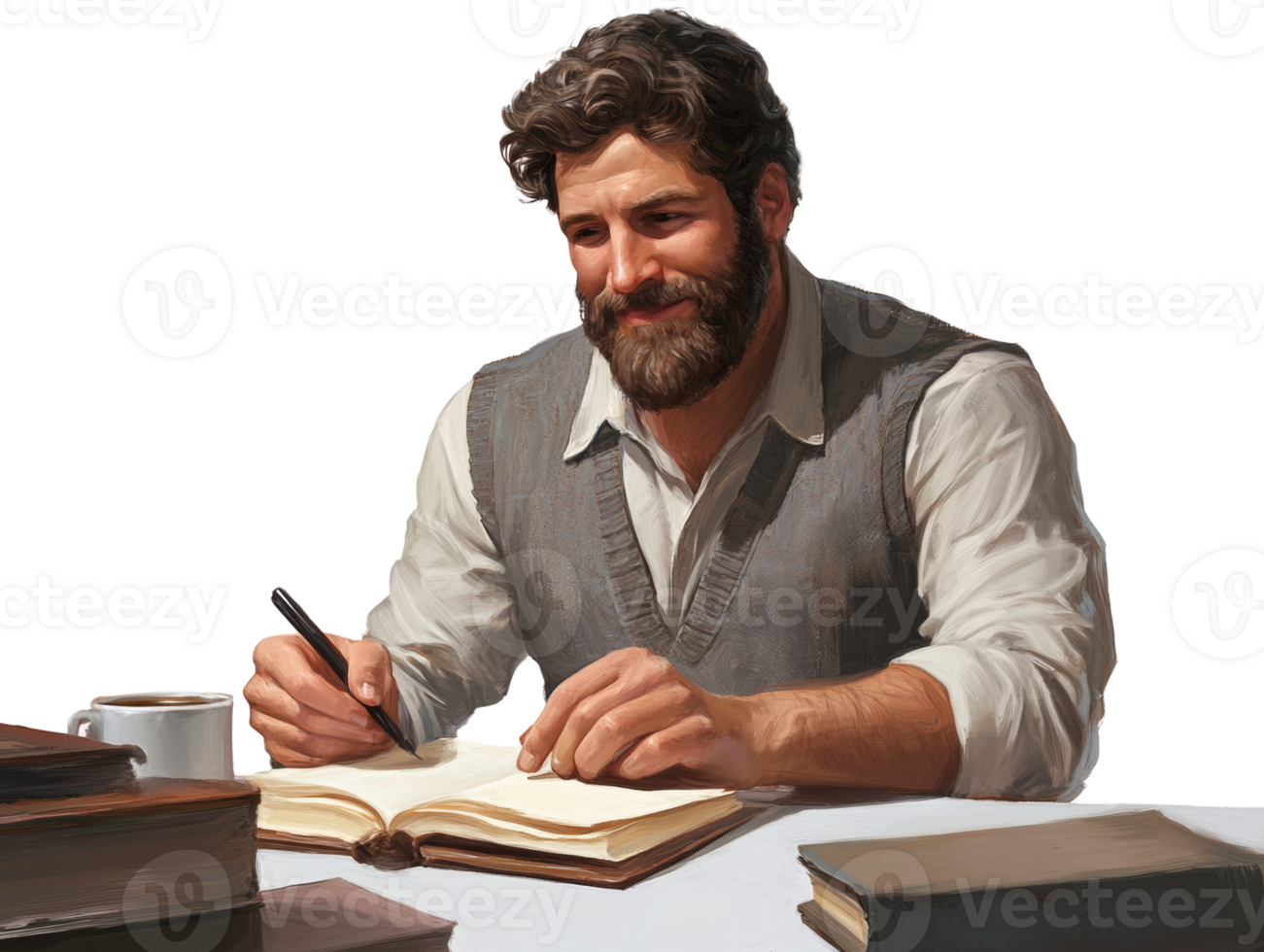 Bearded Man Writing in Notebook at Desk png