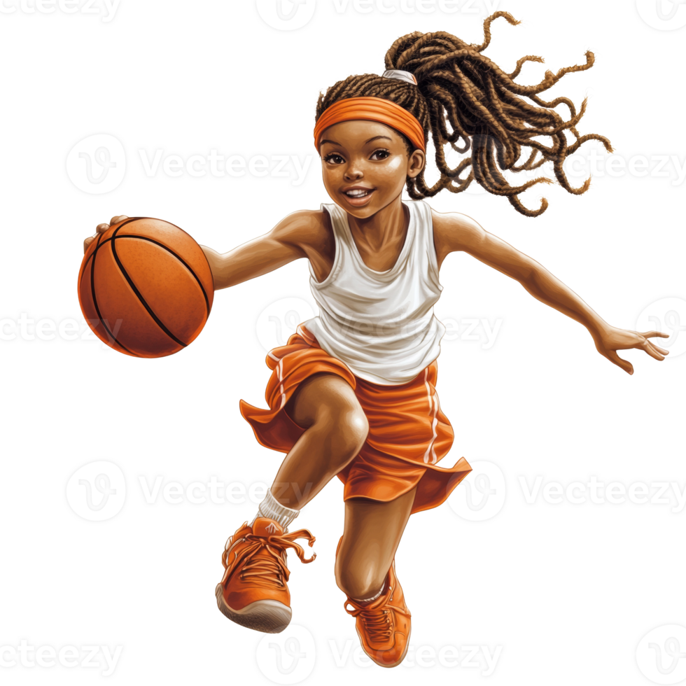 Young Girl Dribbling Basketball Mid Air Dynamic Pose png