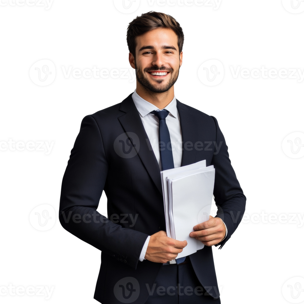 Smiling businessman holds documents wearing a suit png