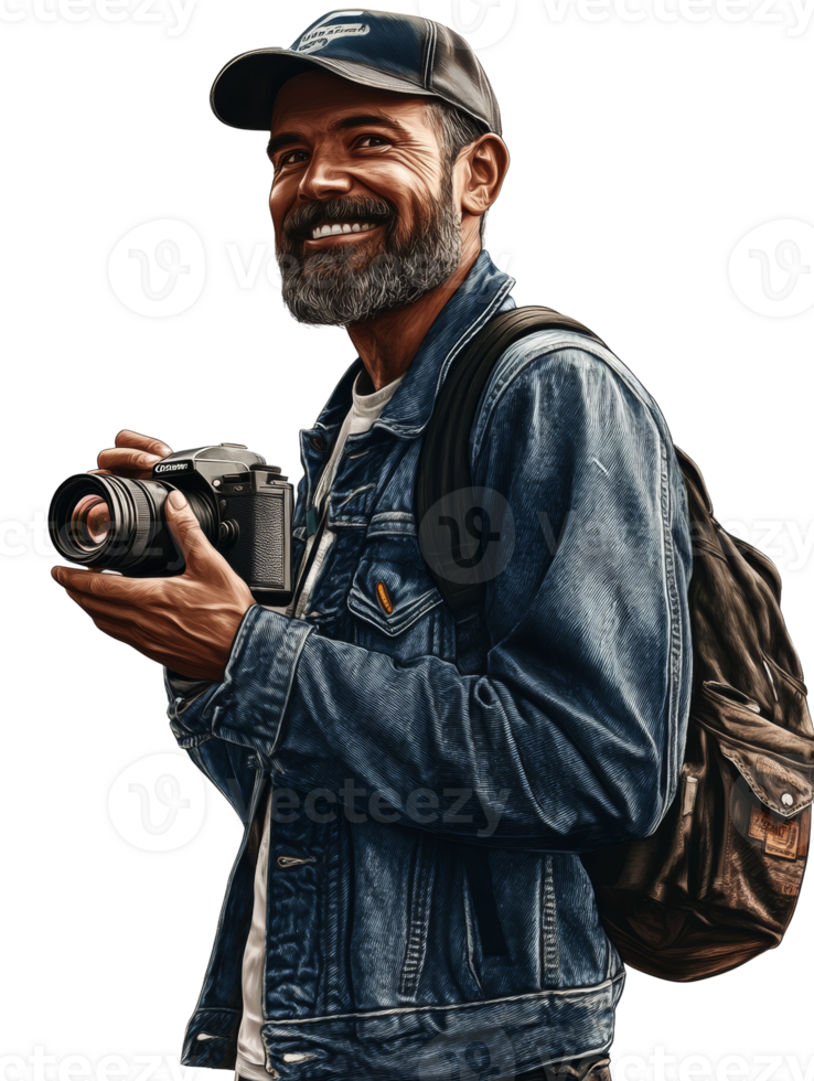 Smiling Man Holds Camera Wearing Denim Jacket png