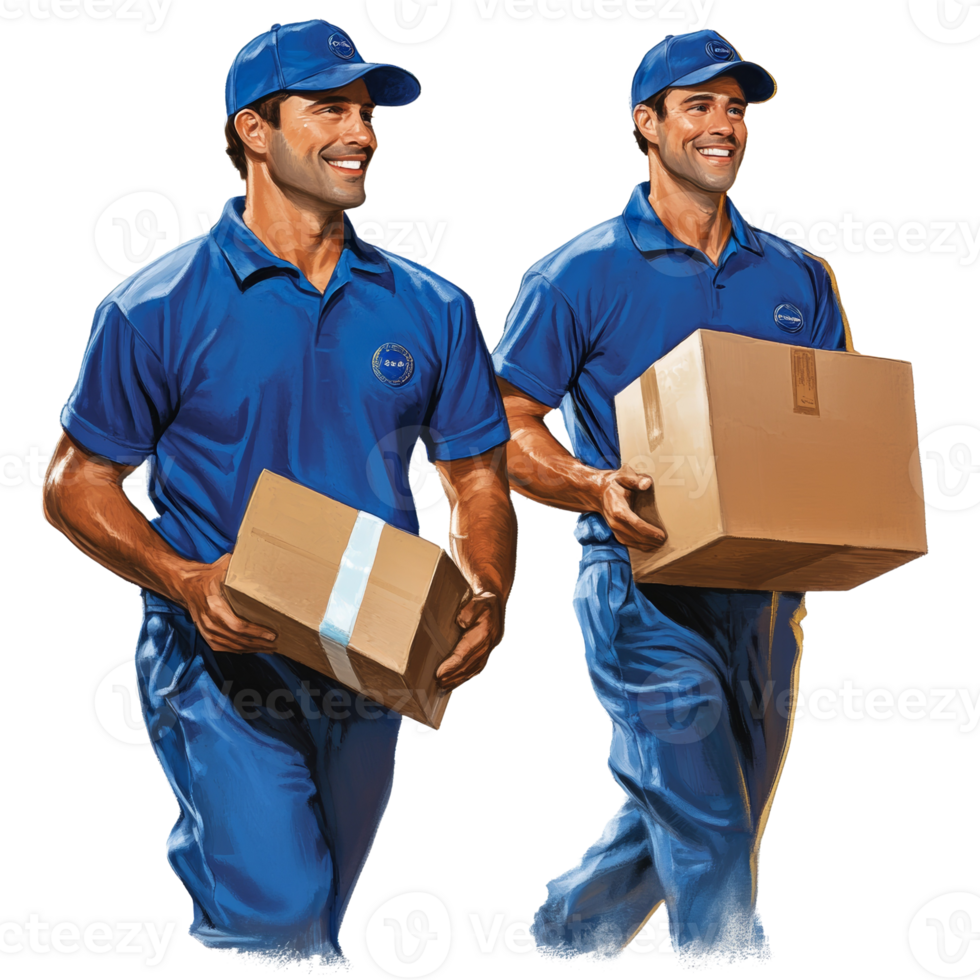 Two Smiling Delivery Men Carrying Packages png