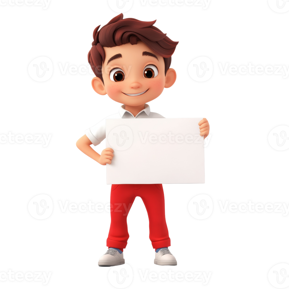 A happy cartoon boy holds a blank white sign png