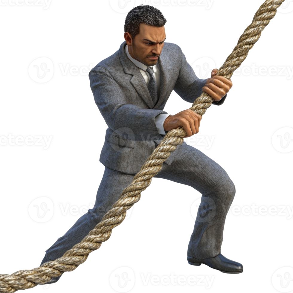 Businessman powerfully pulls a thick rope with determination png