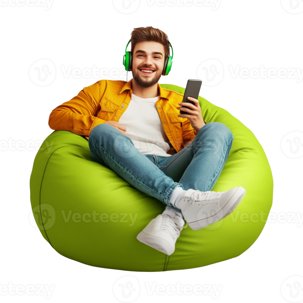 Happy Man Relaxing in Beanbag Chair Listening to Music png