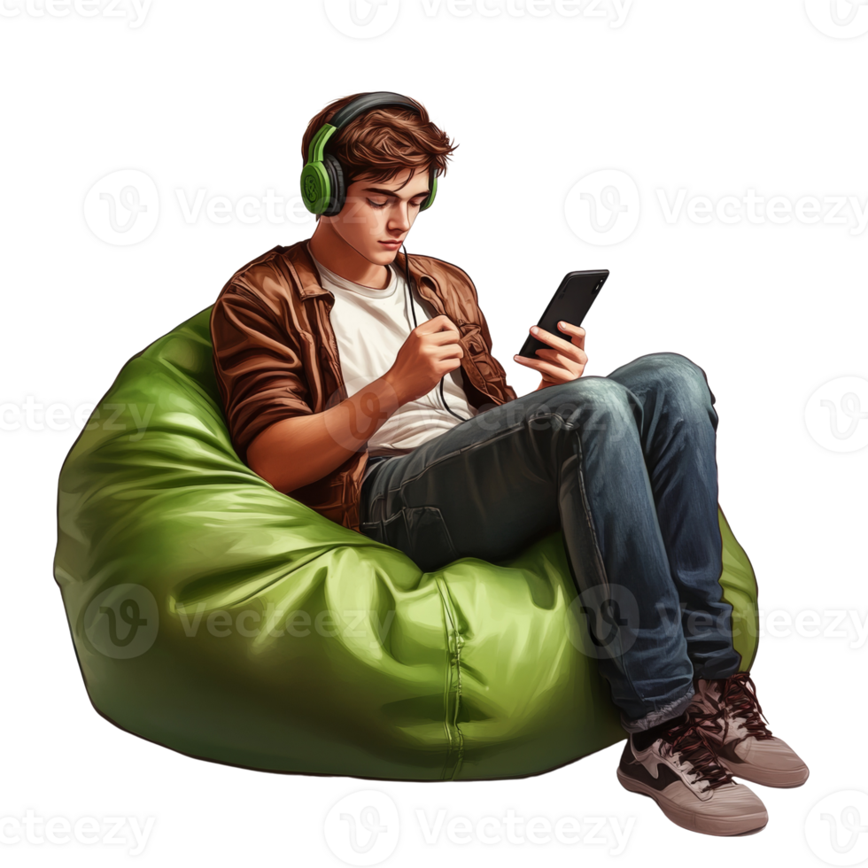 Young Man Relaxing in Beanbag Chair Listening to Music png