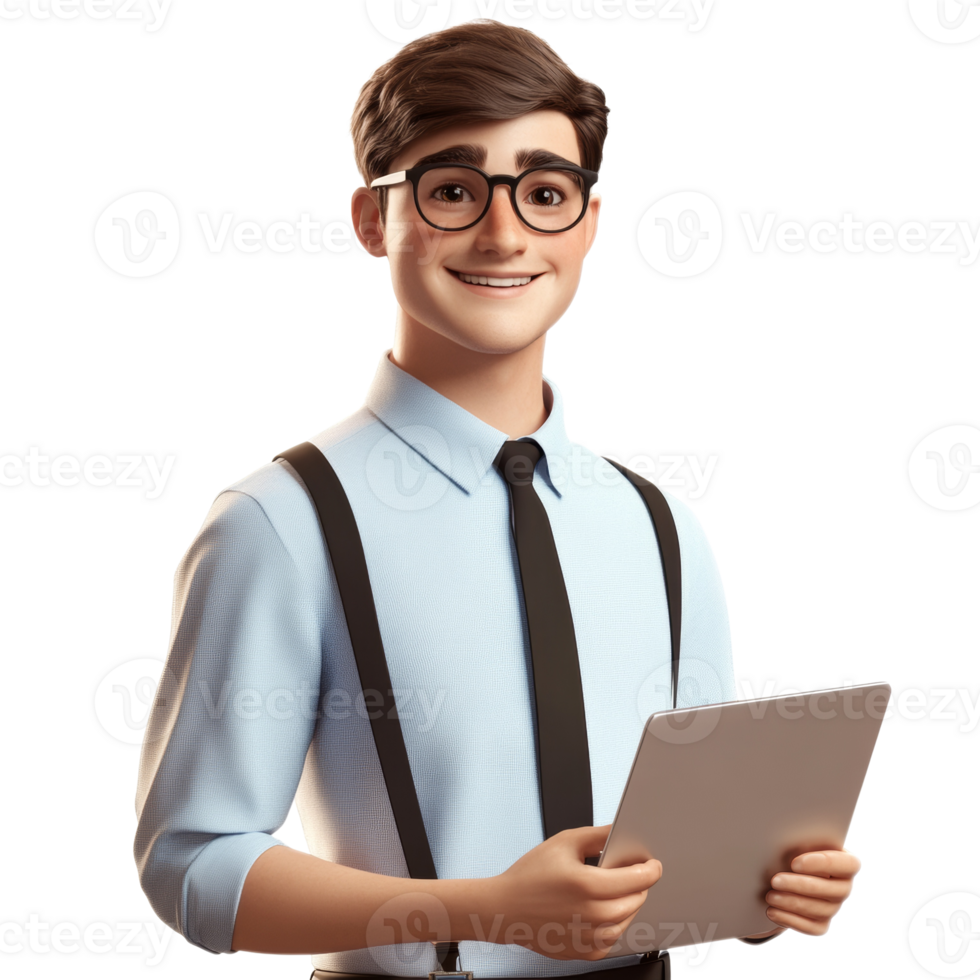 A Smiling Cartoon Businessman Holds A Tablet png