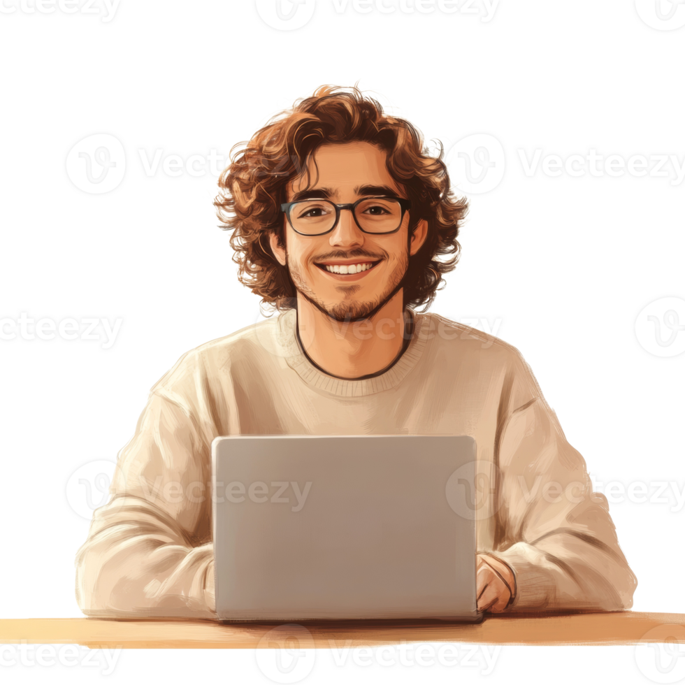 Smiling Young Man Working on Laptop Computer png