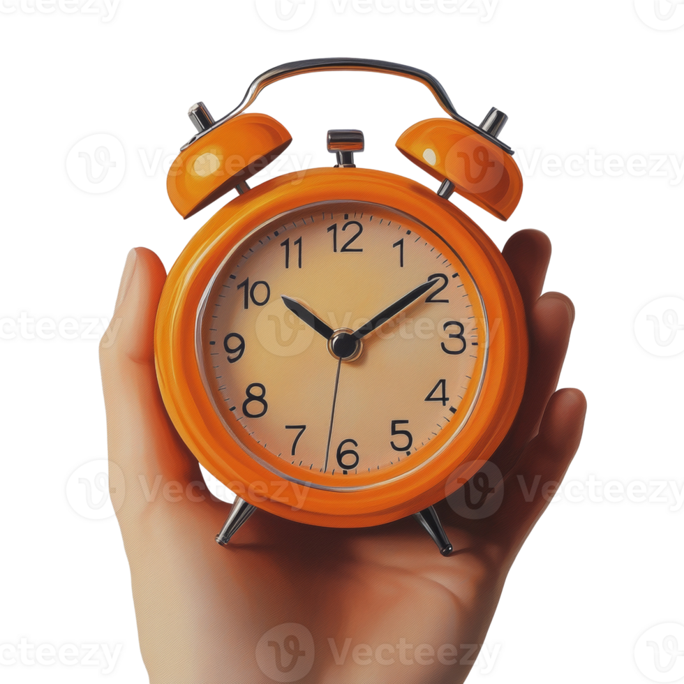 A Hand Holds an Orange Alarm Clock png