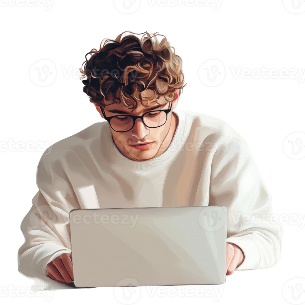 Young Man with Curly Hair Uses a Laptop Computer png