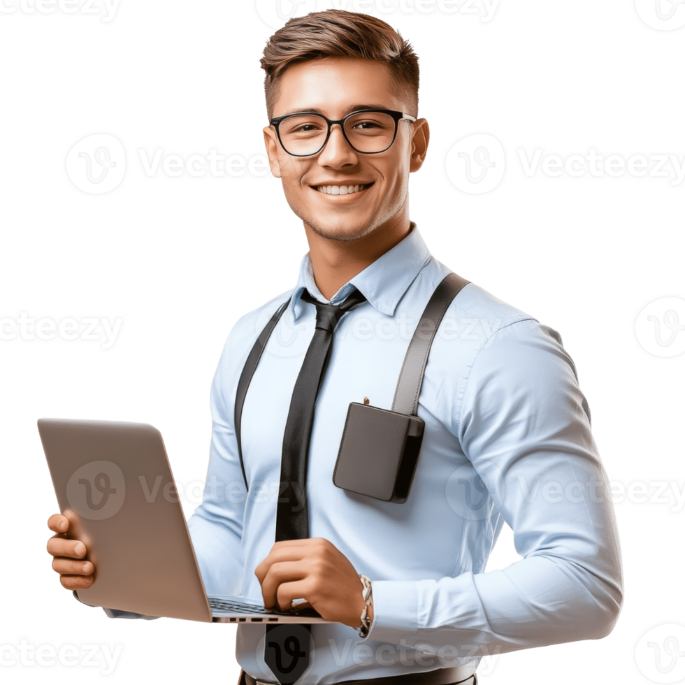 Smiling businessman holding laptop wearing glasses and suspenders png