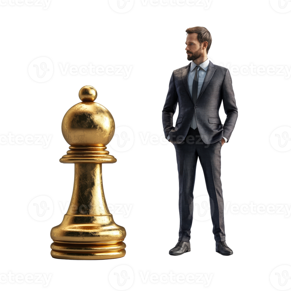 Businessman Contemplating Large Golden Chess Piece png
