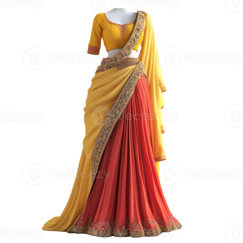 Elegant Yellow And Red Indian Saree On Display png