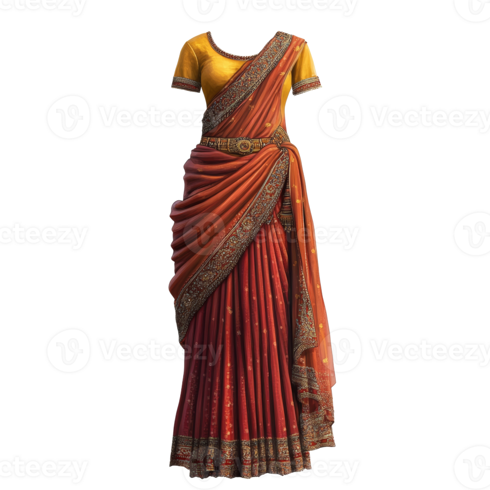 Ornate Red And Gold Indian Saree Ensemble png