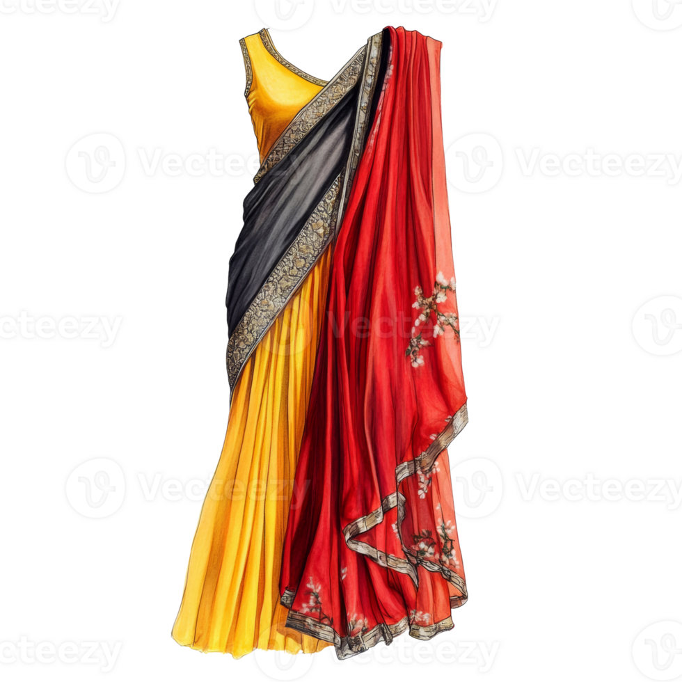 Elegant Yellow and Red Saree Design Illustration png