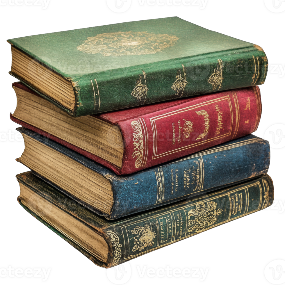 A Stack of Antique Books with Ornate Covers png