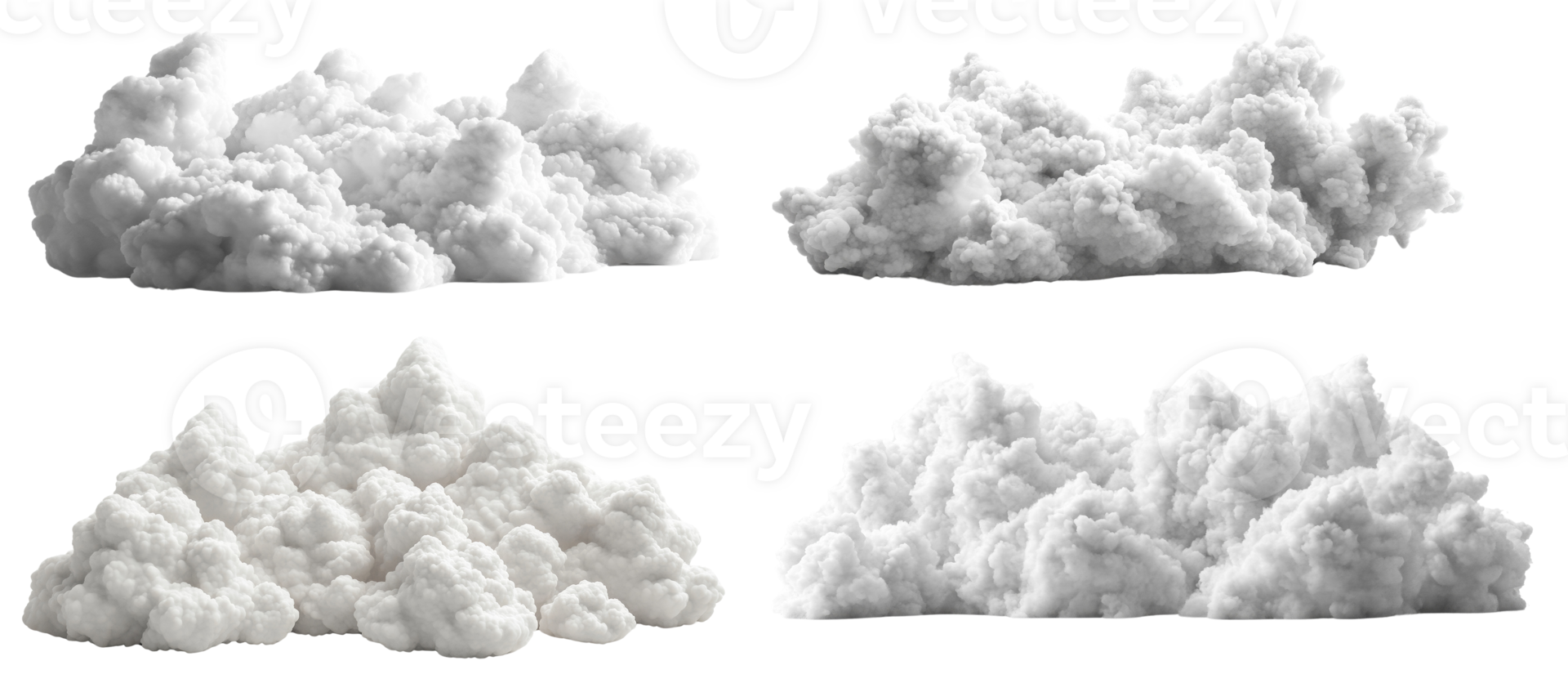 Four Realistic White Cloud Formations Isolated on Black png