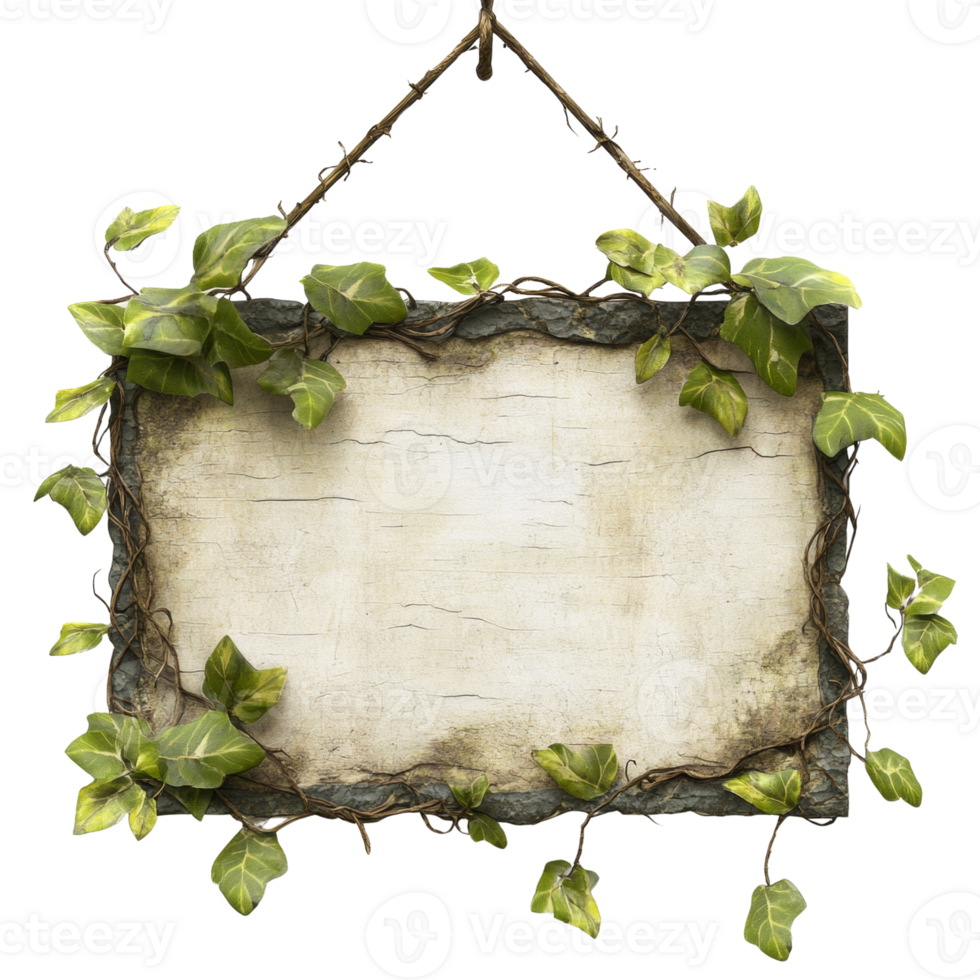 Hanging Stone Sign Framed With Ivy Vines png