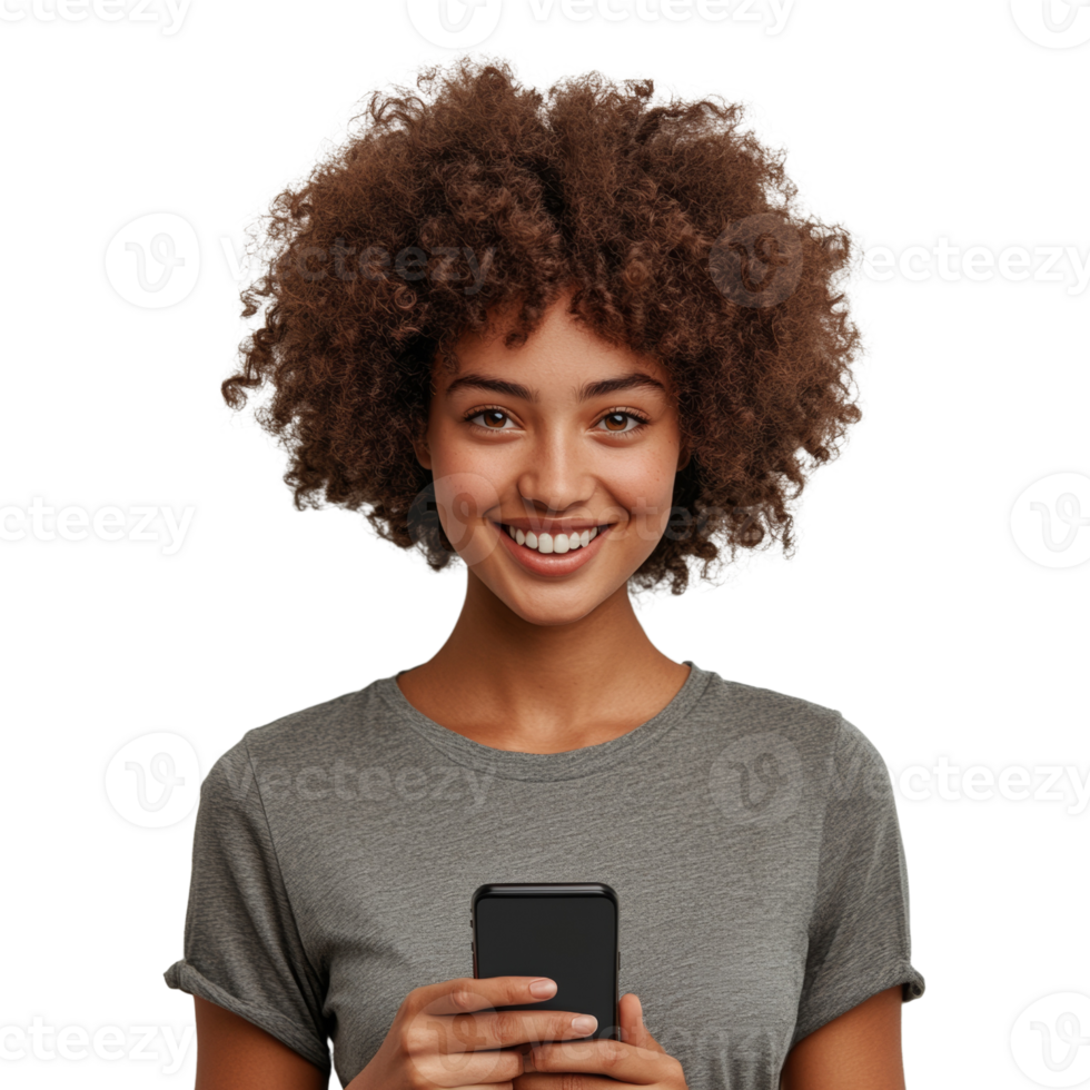 Happy young woman smiling holding smartphone png