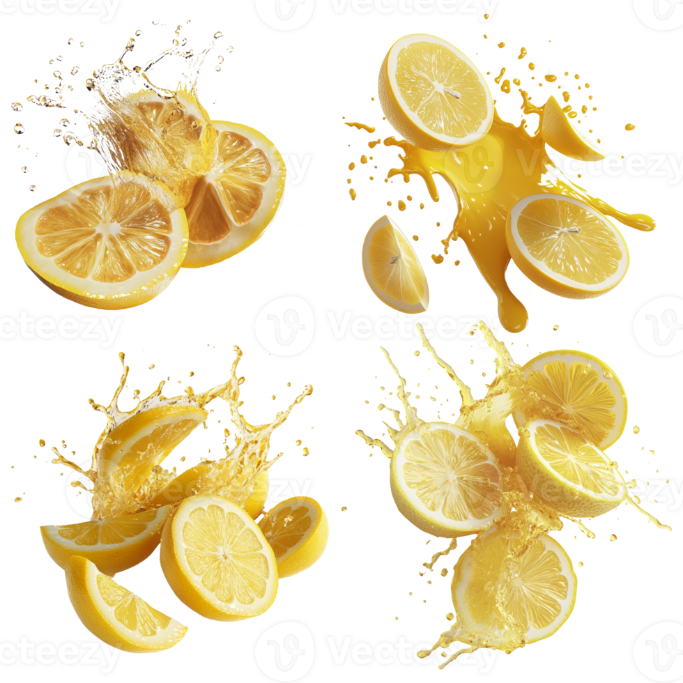 Lemon slices splashing vibrant juice explosion png