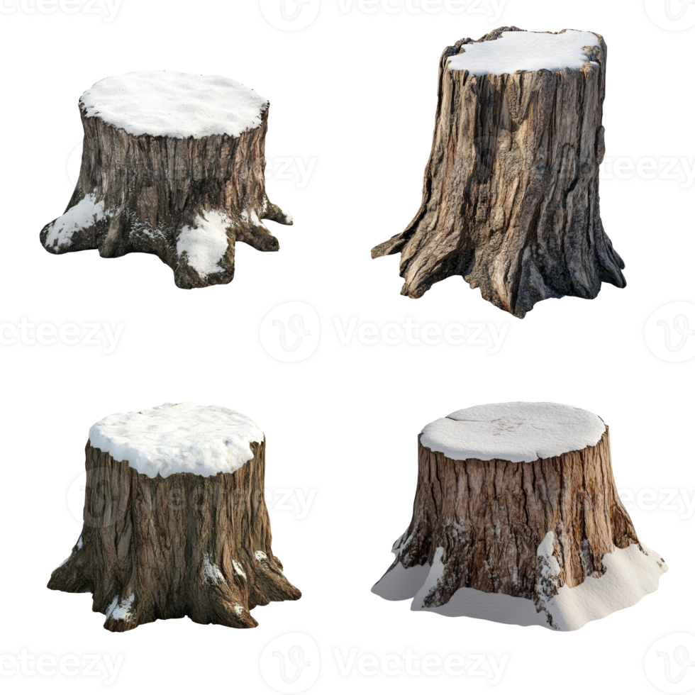 Four snow covered tree stumps isolated on white background png