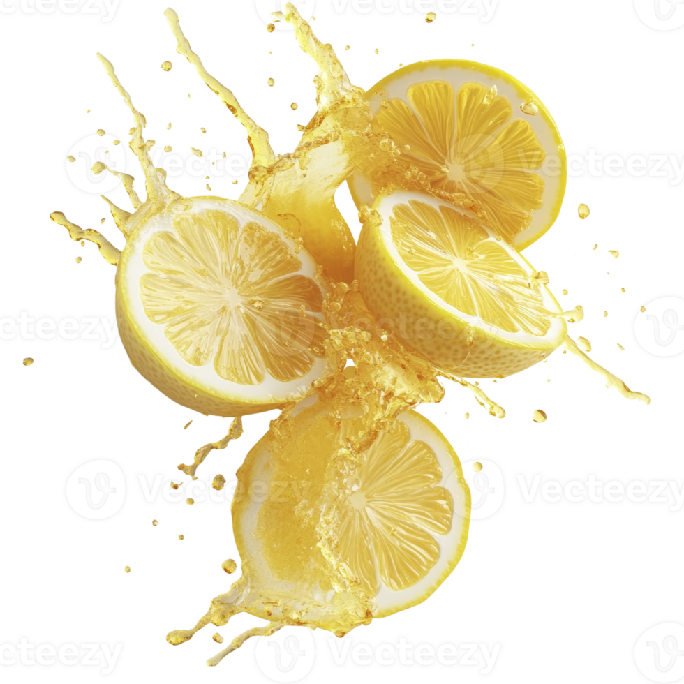 Lemon slices splashing fresh citrus juice explosion png