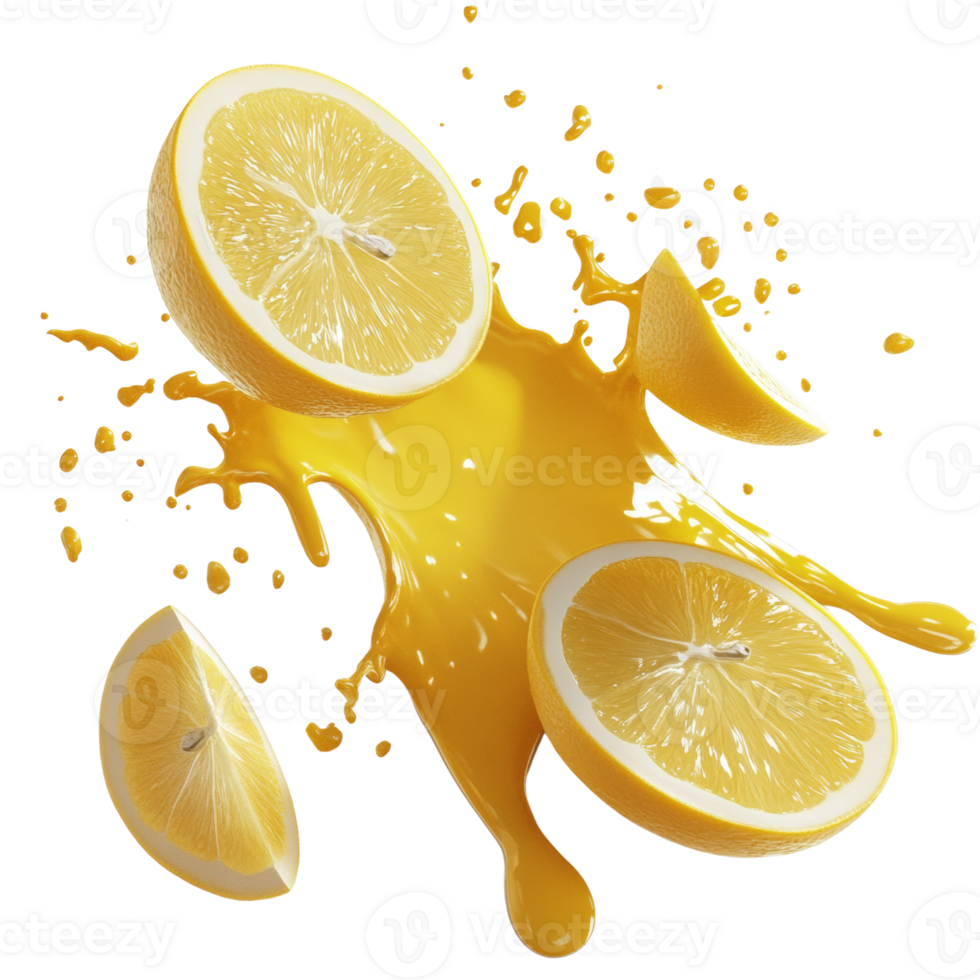 Lemon slices splashing vibrant yellow juice png