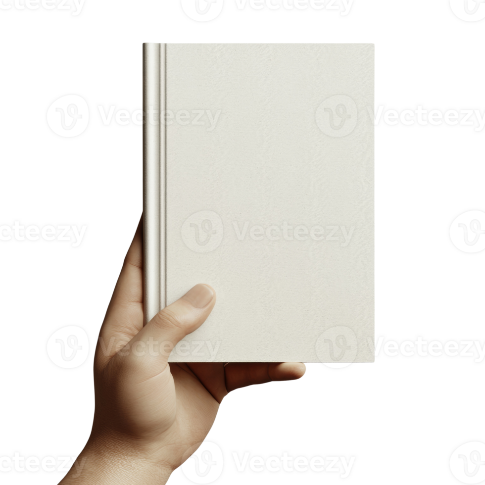 A hand holding a blank off white book png