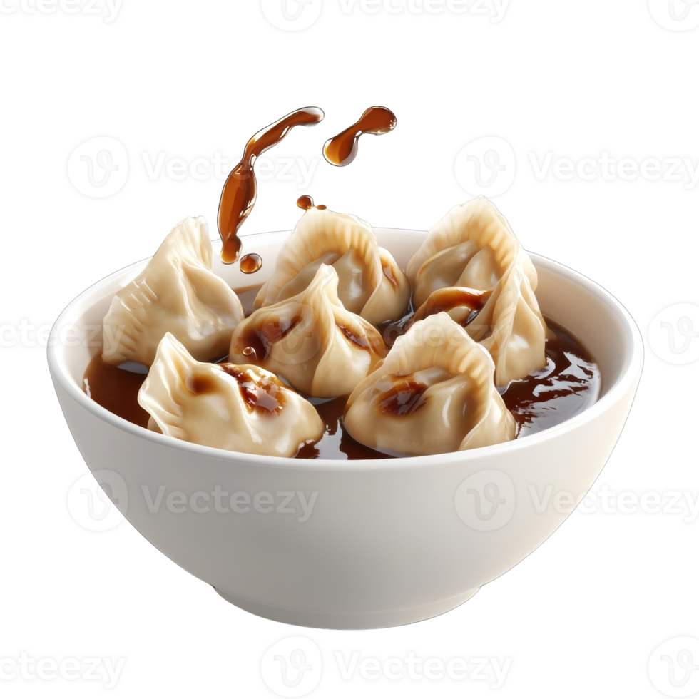 Steaming dumplings in a bowl with savory sauce png