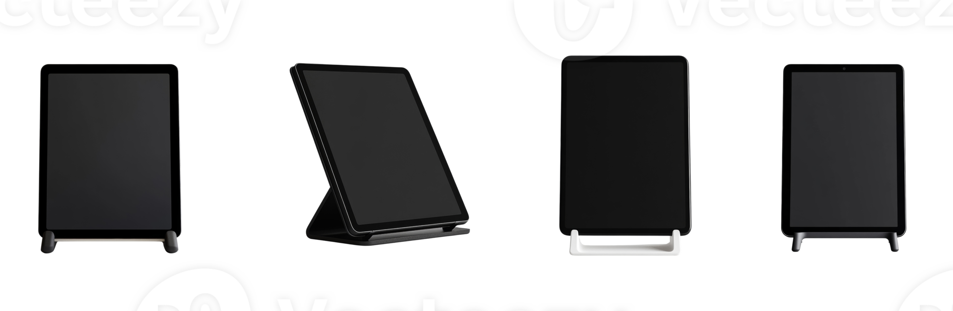 Four Tablets Displayed Vertically and Angled in Stands png