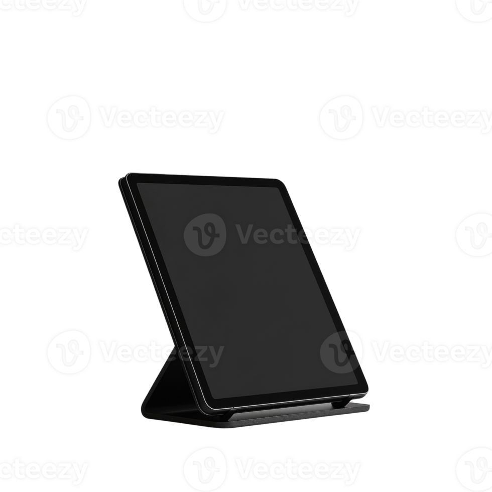 Black Tablet Displayed on a Stand Against a White Background png