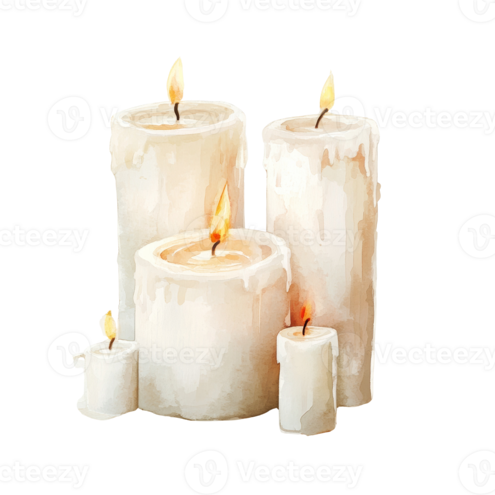 Watercolor Painting of Burning Candles of Varying Sizes png