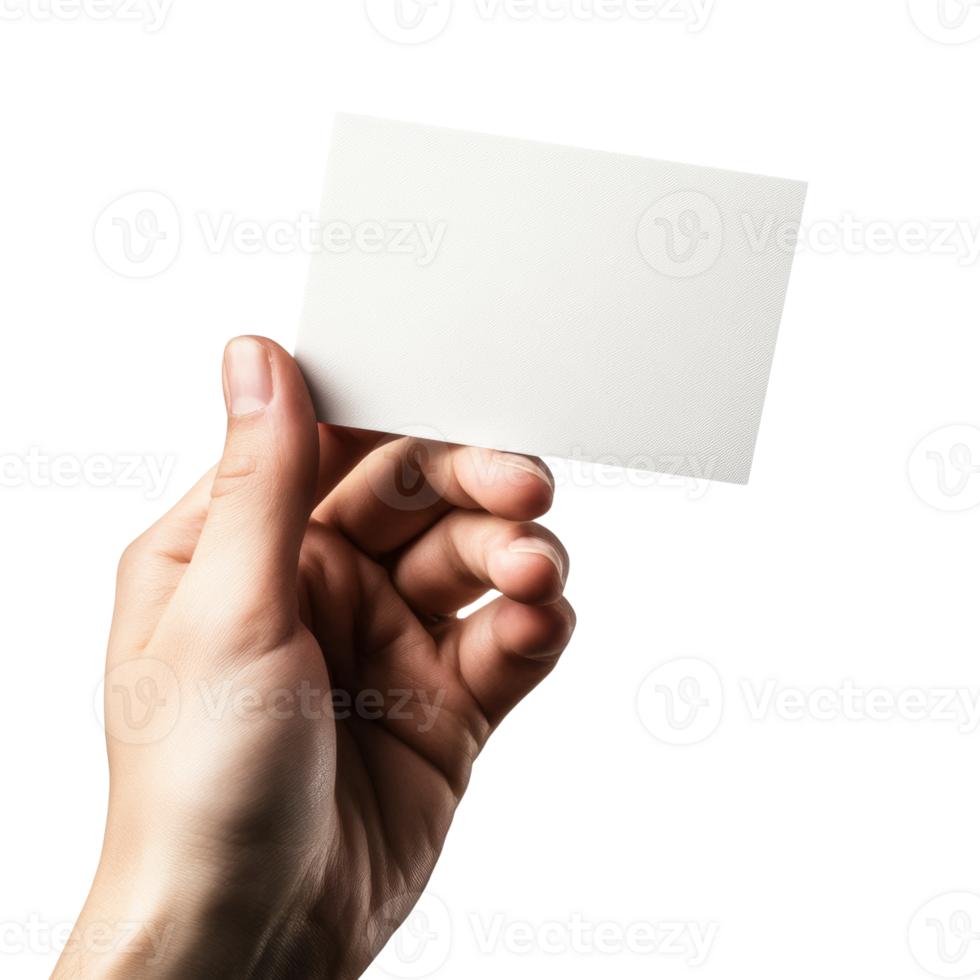 A hand holds a blank white card against a white background png