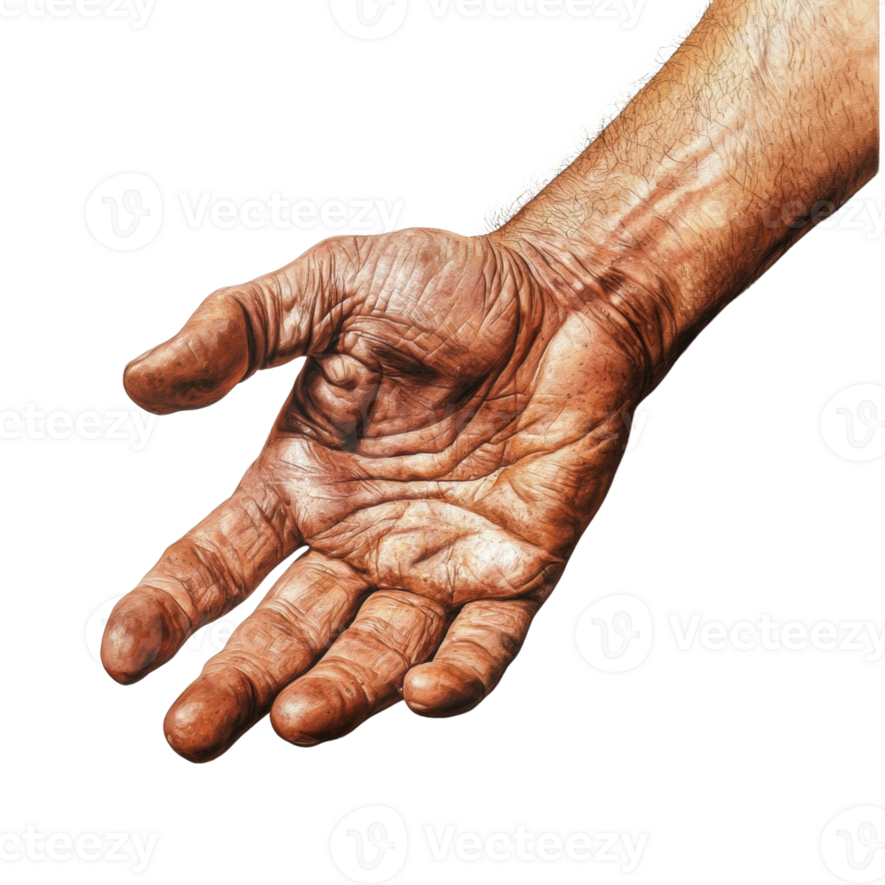A weathered mans hand offers a gesture of giving png