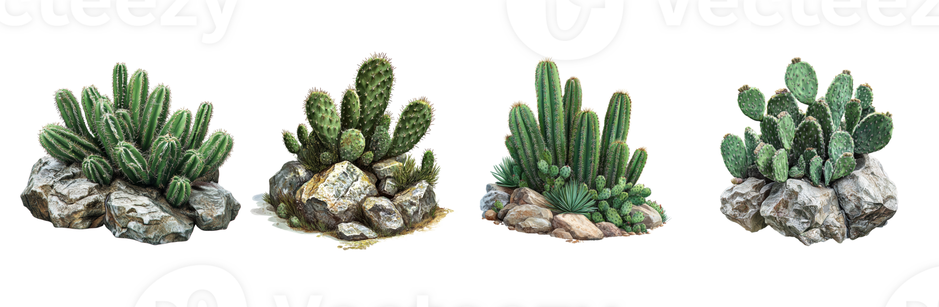 Four Desert Cactus Arrangements on Rocks png