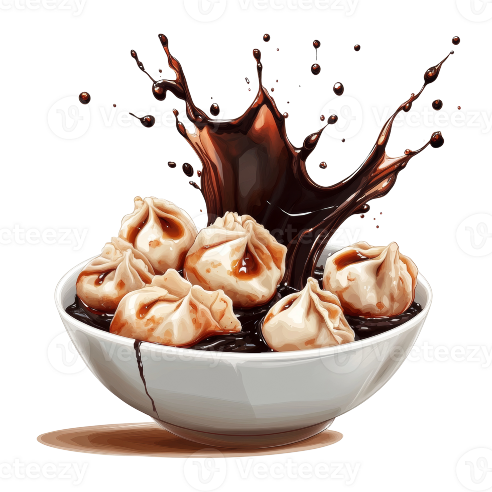 A bowl of dumplings with a chocolate sauce splash png