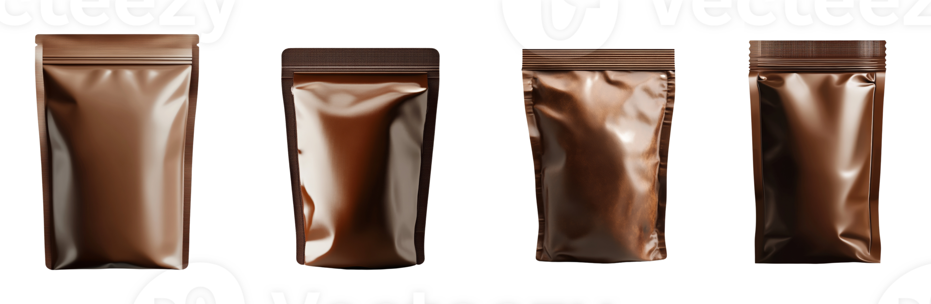 Four Brown Stand Up Pouches Displayed Against Black Background png