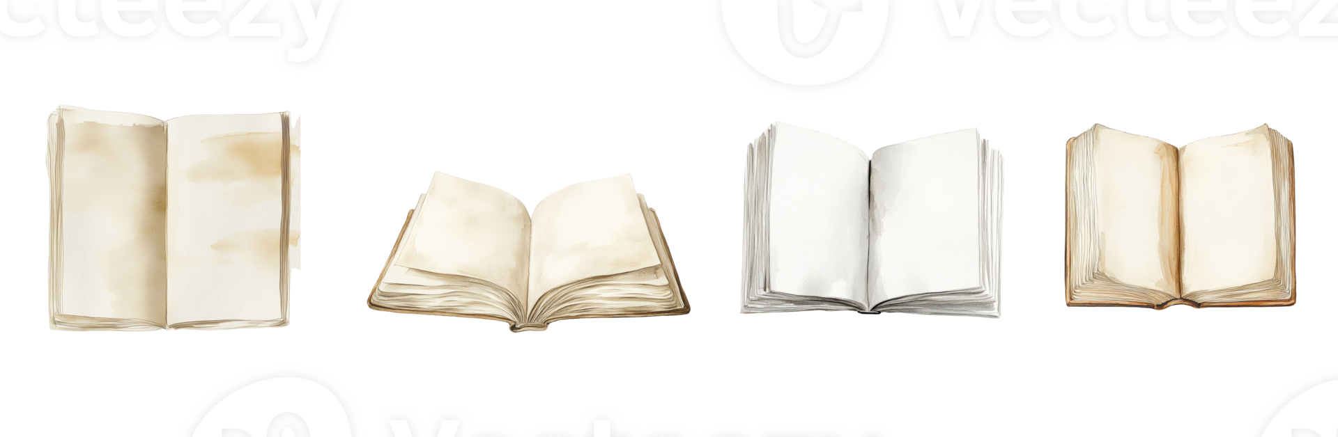 Four Open Books Displaying Various Aged Pages png