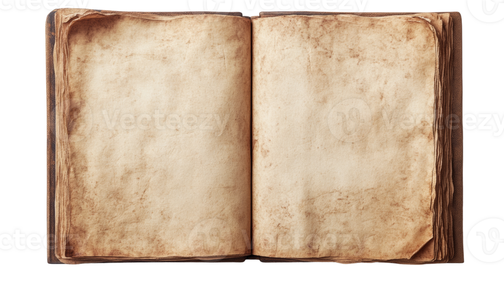 Aged leather bound book open to blank pages png