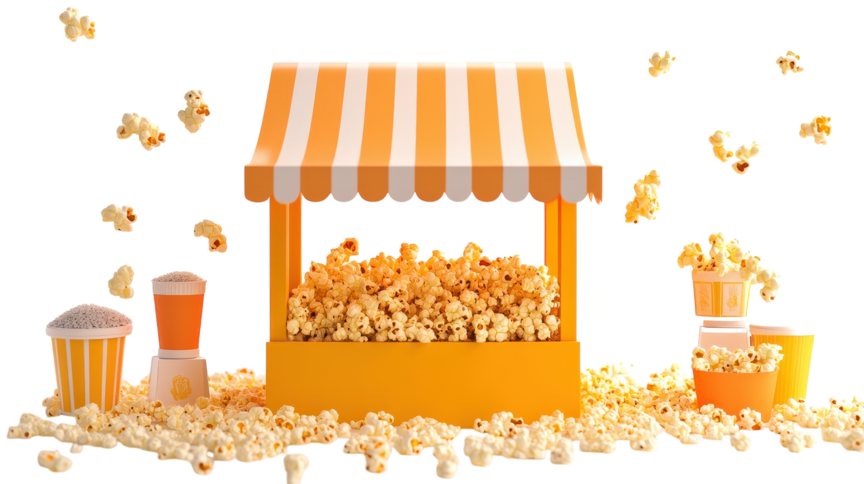 A Vibrant Popcorn Stand Displaying Freshly Popped Popcorn, Perfect for Events, Fairs, or Movie Nights, Inviting Guests with Its Delicious Aroma and Colorful Presentation. png
