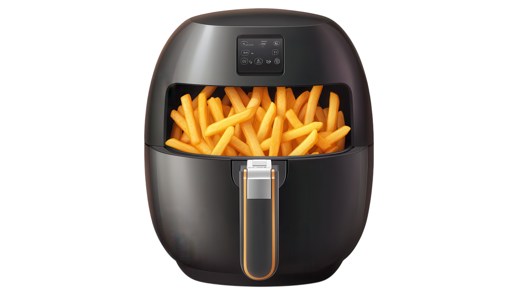 An air fryer filled with golden, crispy French fries sitting on a countertop ready for serving. png